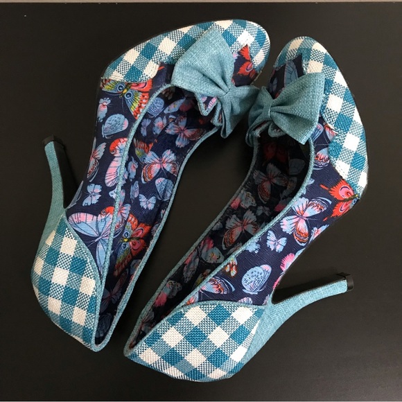 Dolce by Mojo Moxy Butterfly Heels | Bow Front Pumps | Blue Plaid - Picture 3 of 12